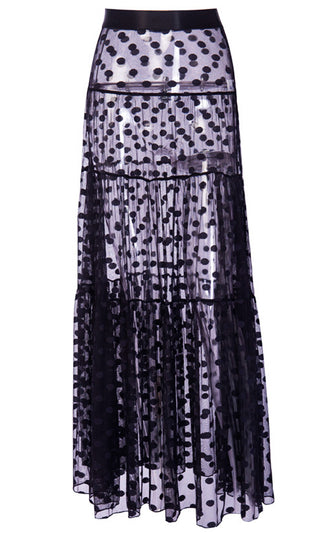 Islands Of Capri Sheer Mesh Band Polka Dot A Line Tiered Maxi Skirt - 2 Colors Available