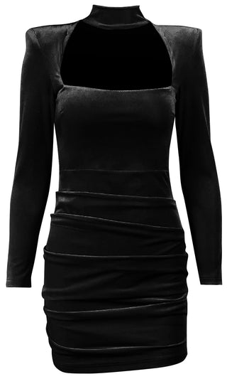 Chic Essence <br><span> Black Velvet Choker Cut Out Padded Shoulder Long Sleeve Ruched Bodycon Mini Dress</span>