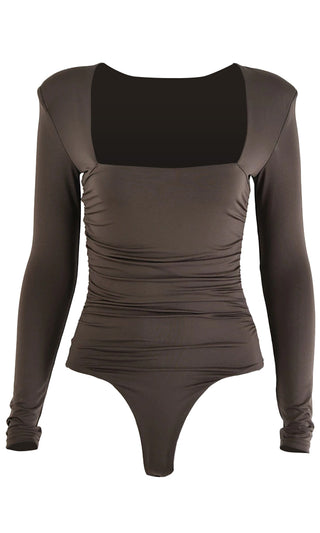 Watch Over Me Long Sleeve Square Neck Shoulder Pad Thong Bodysuit Top