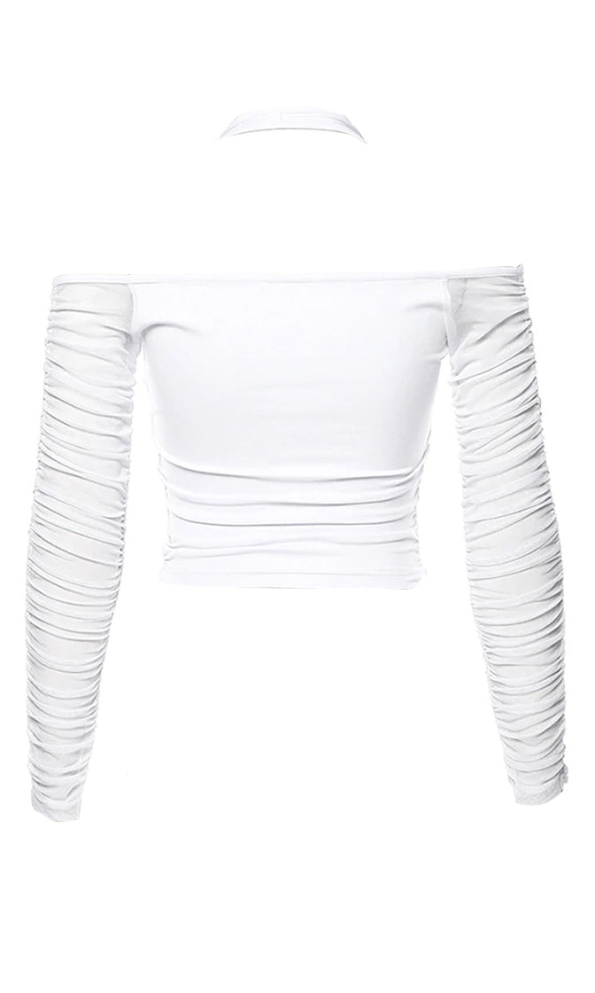 Play On Words White Sheer Mesh Ruched Long Sleeve Cold Shoulder Halter ...