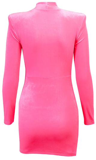 Chic Essence Hot Pink Velvet Choker Cut Out Padded Shoulder Long Sleeve Ruched Bodycon Mini Dress
