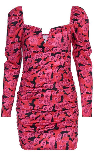 Cover Me With Kisses Pink Floral Pattern Long Sleeve Puffed Shoulder V Neck Ruched Bodycon Mini Dress