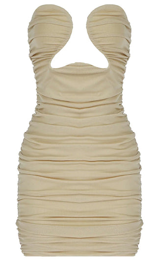 Show Me Everything Beige Strapless Cut Out Bust Ruched Bodycon Mini Dress