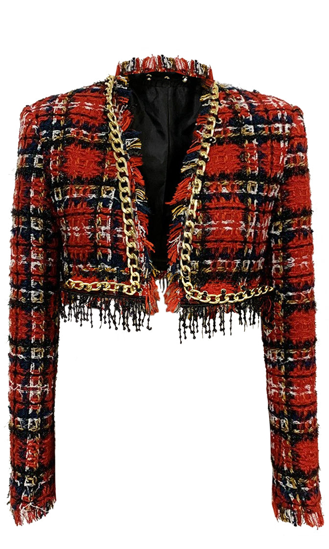 Indie XO | You Might Think Red Plaid Pattern Tweed Fringe Gold Chain Long Sleeve Crop Blazer Jacket Outerwear, L / Red Plaid | Womens
