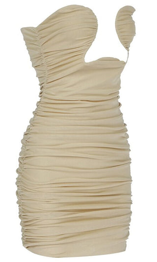 Show Me Everything Beige Strapless Cut Out Bust Ruched Bodycon Mini Dress