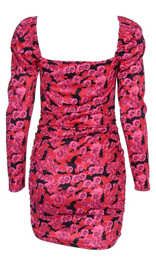 Cover Me With Kisses Pink Floral Pattern Long Sleeve Puffed Shoulder V Neck Ruched Bodycon Mini Dress