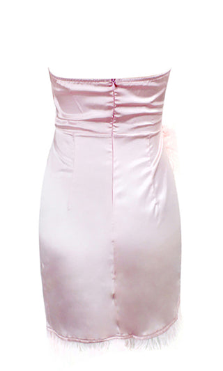 Casting Call Pink Satin Feather Trim Strapless Cross Wrap Bodycon Mini Dress - 3 Colors Available