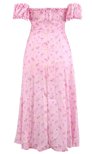 My Sweet Pink Floral Pattern Short Sleeve Strapless Off The Shoulder V Neck Ruffle Side Slit Casual A Line Maxi Dress