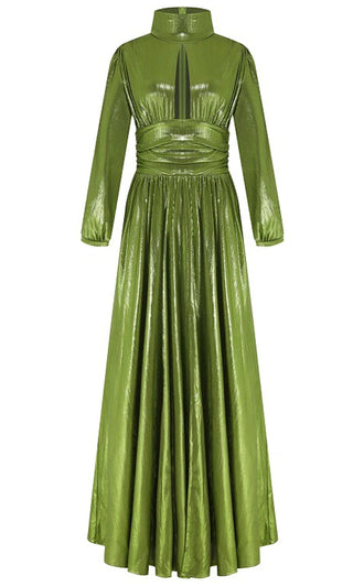 Dare To Rule Green Metallic Sequin Satin Ruched Long Lantern Sleeve High Mock Neck Cut Out Front Wrap High Slit A Line Maxi Dress