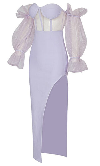 Touch Of Fantasy <br><span>Lavender Sheer Mesh Bandage Long Puff Sleeve Off The Shoulder Bustier Cut Out Side Slit Bodycon Maxi Dress</span>