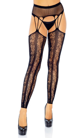 Heavy Hitter<br><span> Black Sheer Mesh Fishnet Lace Cut Out Garter Strap Footless Tights Stockings</span>