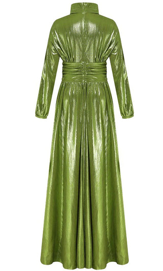 Dare To Rule Green Metallic Sequin Satin Ruched Long Lantern Sleeve High Mock Neck Cut Out Front Wrap High Slit A Line Maxi Dress