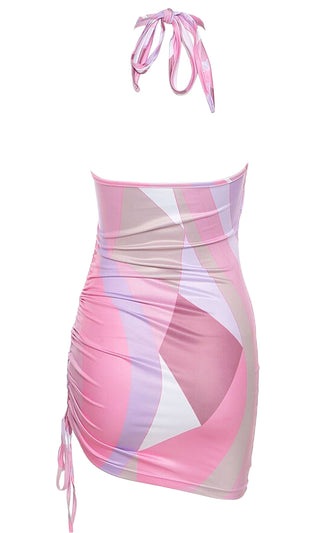 Dynamite Desire <br><span>Pink Geometric Pattern Sleeveless Crisscross Halter Cut Out Waist Ruched Drawstring Bodycon Mini Dress</span>