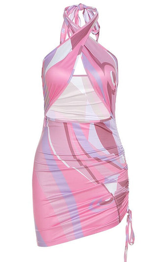 Dynamite Desire <br><span>Pink Geometric Pattern Sleeveless Crisscross Halter Cut Out Waist Ruched Drawstring Bodycon Mini Dress</span>
