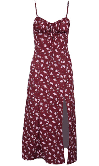 Easy to Please Burgundy Floral Sleeveless Spaghetti Strap Side Slit Ruched Bust Midi Dress