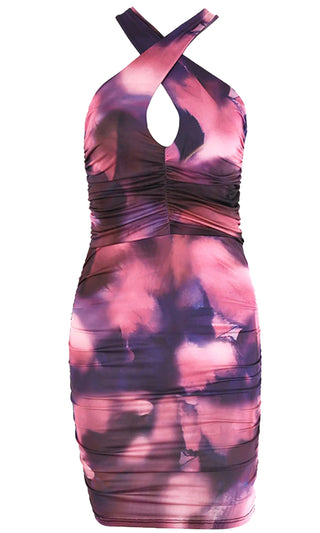 Twist The Truth Tie Dye Pattern Sleeveless Crisscross Strap Cut Out Backless Ruched Bodycon Mini Dress