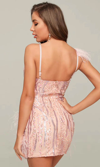Birds Of A Feather Pink Sheer Mesh Sequin Feathers Sleeveless Spaghetti Strap Plunge V Neck Bodycon Mini Dress