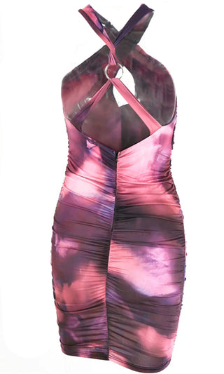 Twist The Truth Tie Dye Pattern Sleeveless Crisscross Strap Cut Out Backless Ruched Bodycon Mini Dress