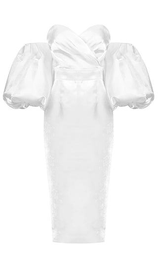 Hello My Love White Shiny Short Puff Sleeve Off The Shoulder Taffeta Strapless Sweetheart Neck Bodycon Midi Dress