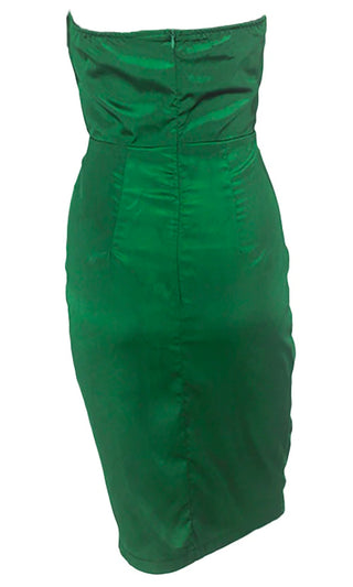 One More Night Emerald Green Satin Strapless Draped Sweetheart Neck Bodycon Midi Dress