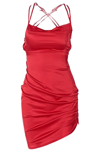 Dancing For You <br><span> Red Satin Sleeveless Crisscross Spaghetti Strap Drape Neck Backless Ruched Bodycon Mini Dress</span>