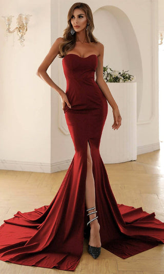 Sophisticated Moment <br><span> Red Strapless Sweetheart Neck Front Slit Mermaid Train Maxi Dress</span>