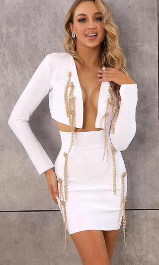 Talk About It Chain Tassel Long Sleeve Open Crop Top Two Piece Bandage Bodycon Mini Dress Set - 2 Colors Available