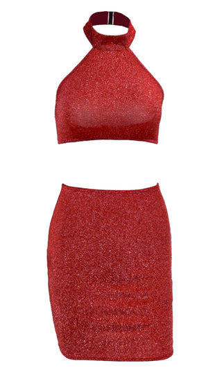 After Dinner Sparkle Sleeveless Mock Neck Halter Crop Top Bodycon Two Piece Mini Dress - 4 Colors Available