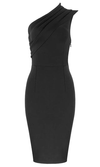 Living Large Black Ruched One Shoulder Stretchy Bandage Midi Sleeveless Dress