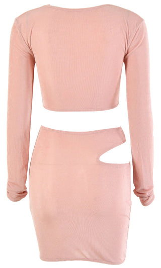 At A Moment's Notice Pink Long Sleeve Round Neck Cut Out Crop Top Bodycon Mini Skirt Two Piece Dress
