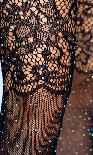Lacy Attitude <br><span>Black Sheer Mesh Lace Fishnet Rhinestone Thigh High Stockings Tights</span>