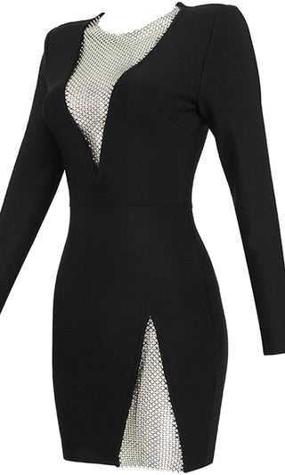 Tequila Cocktails Red Long Sleeve V Neck Mesh Rhinestone Cut Out Bandage Bodycon Mini Dress