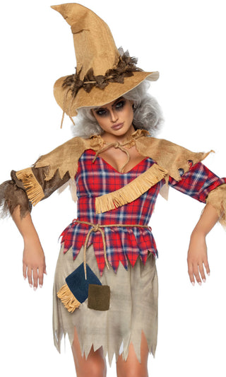 Cornfield Cutie <br><span>Light Brown Red Plaid Pattern 3/4 Sleeve V Neck Jagged Mini Dress 4 Piece Halloween Costume</span>