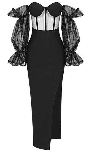 Touch Of Fantasy <br><span>Black Sheer Mesh Bandage Long Puff Sleeve Off The Shoulder Bustier Cut Out Side Slit Bodycon Maxi Dress</span>