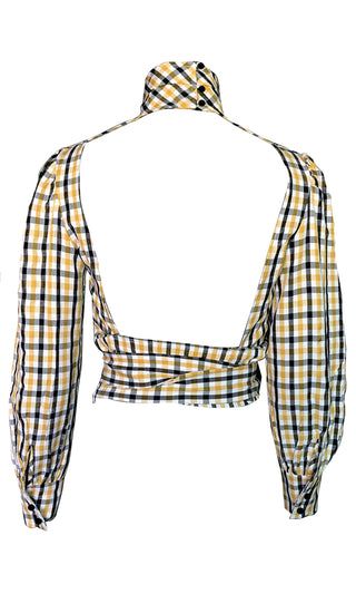 Back Splash Yellow Plaid Pattern Long Sleeve Turtleneck Cut Out Keyhole Tie Waist Backless Blouse Top