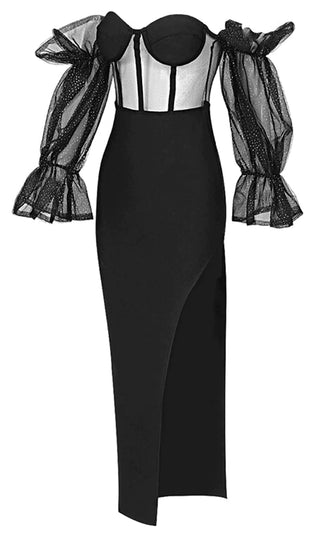 Touch Of Fantasy <br><span>Black Sheer Mesh Bandage Long Puff Sleeve Off The Shoulder Bustier Cut Out Side Slit Bodycon Maxi Dress</span>