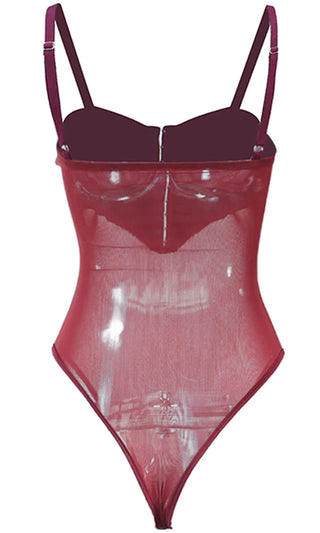 Made For This World Burgundy Sheer Mesh PU Faux Leather Hook and Eye Bustier Bodysuit Top