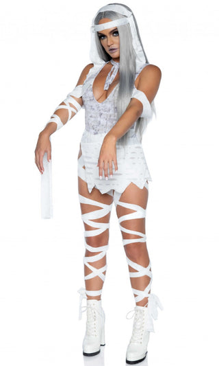 Mum's The Word <br><span>White Sleeveless Plunge V Neck Bodysuit Mini Skirt 3 Piece Halloween Costume</span>
