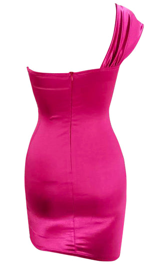 Park Avenue Party Fuchsia Pink Satin One Shoulder Drape V Neck Bodycon Mini Dress