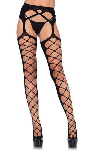 Midnight Moments <br><span>Black Diamond Pattern Cut Out Opaque Garter Belt Strappy Stockings Tights</span>