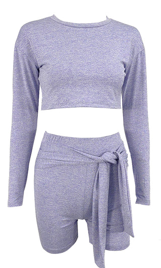 All Snuggled Up Long Sleeve Crew Neck Crop Top Wrap Belt Biker Short Two Piece Romper -  2 Colors Available