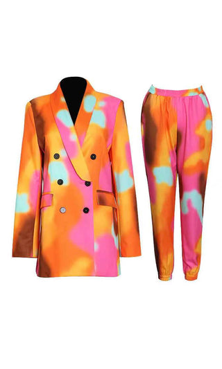 Bold Statement <br><span>Orange Tie Dye Pattern Long Sleeve Double Breasted Blazer Jacket Elastic Waist Pant Two Piece Jumpsuit Set</span>