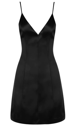 Call Things Black Off Sleeveless Spaghetti Satin Strap V Neck Flare Mini Dress - Inspired by Selena Gomez
