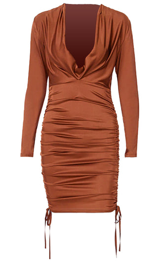 Just For Love Rust Orange Long Sleeve Plunge V Neck Ruched Drawstring Bodycon Mini Dress