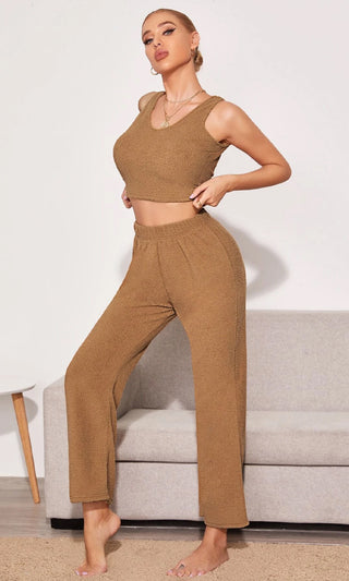 At Your Place Sweater Knit Sleeveless V Neck Crop Top Elastic Waist Wide Leg Pant Two Piece Jumpsuit