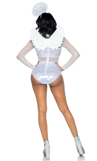 Heavenly Angel <br><span>White Long Sleeve Keyhole Cut Out Holographic Sheer Bodysuit 3 Piece Halloween Costume</span>