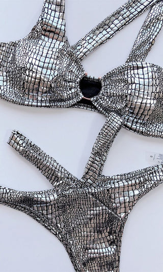 Summer Solstice <br><span> Metallic Snake Print Animal Pattern Sleeveless Asymmetrical Bandeau Top Cut Out Brazilian Two Piece Bikini Swimsuit </span>