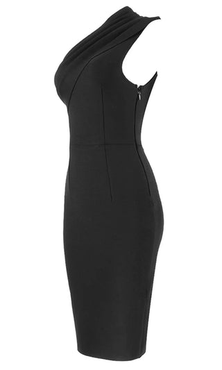 Living Large Black Ruched One Shoulder Stretchy Bandage Midi Sleeveless Dress
