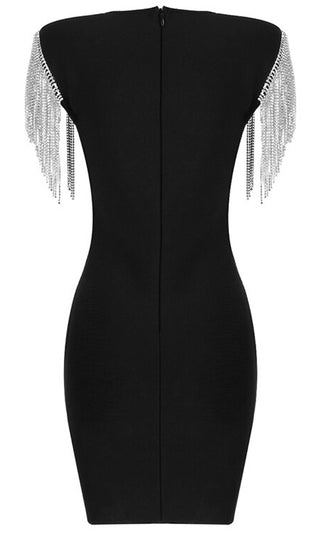 Keep Wishing <br><span>Black Rhinestone Crystal Fringe Short Sleeve Square Neckline Bandage Bodycon Mini Dress</span>