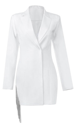 In My Own Way White Crystal Rhinestone Fringe Long Sleeve Blazer Button Bodycon Side Slit Mini Dress